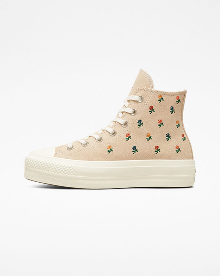 Sapatos Plataforma Converse Chuck Taylor All Star Lift Embroidered Roses Cano Alto Feminino Bege | PT T098P01